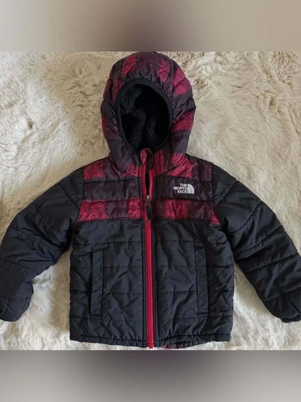 The North Face Toddler Red And Black Reversible Coat Hooded Size 5 Kids Boys